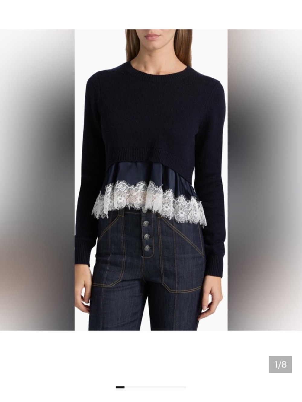 cinq a sept Zyla Navy Sweater with White Lace Trim
